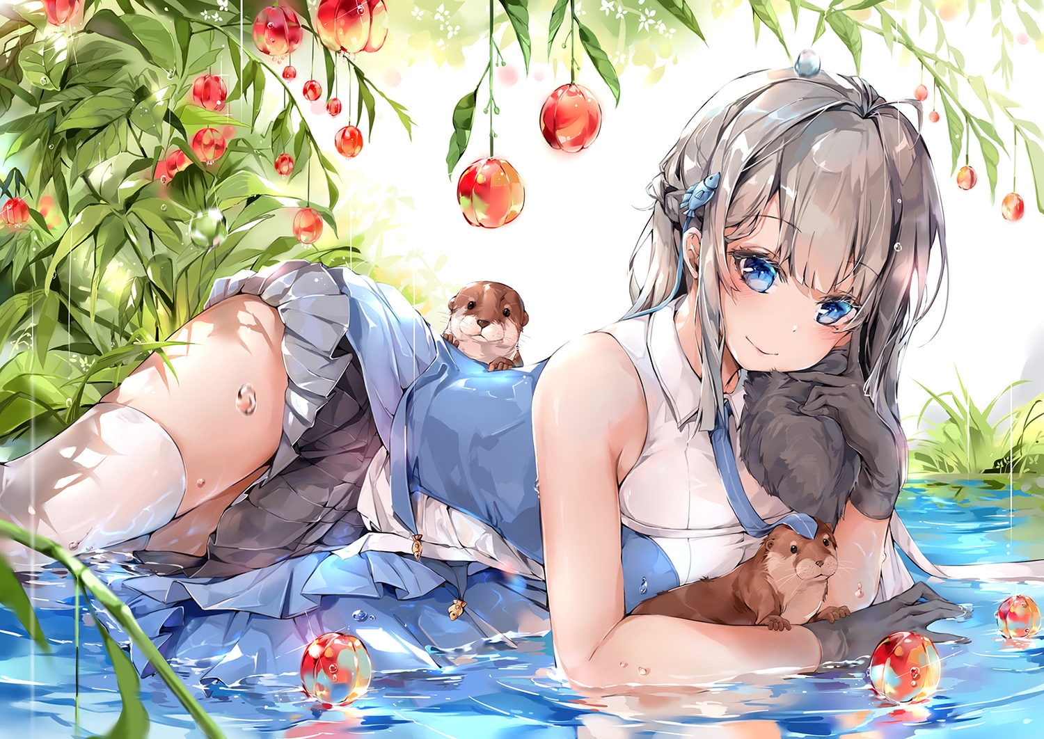 animal, blue_eyes, dema_hmw, gloves, grass, gray_hair, long_hair, original