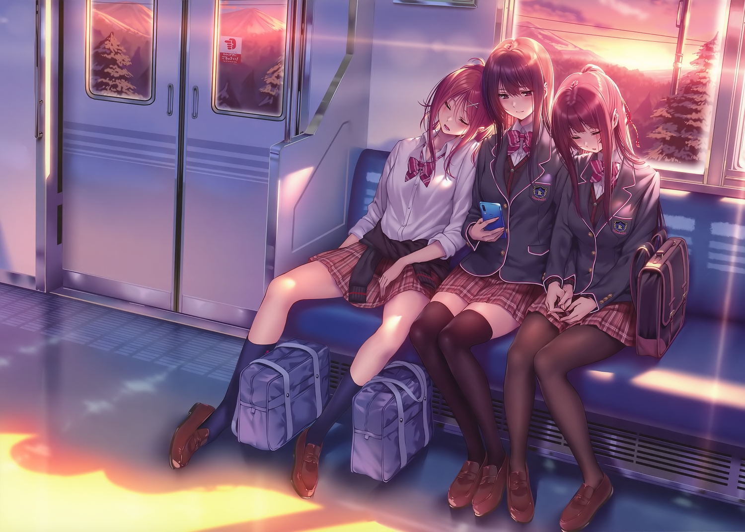 brown_hair, hanikami_kanojo, long_hair, minazumi_kasane, myouga_satsuki, phone, piromizu, ponytail, scan, school_uniform, shizuki_neru, skirt, sleeping, sunset, thighhighs, train, tree