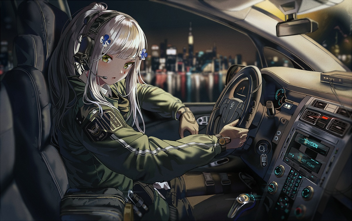 anthropomorphism, building, city, girls_frontline, gloves, gray_hair, green_eyes, headphones