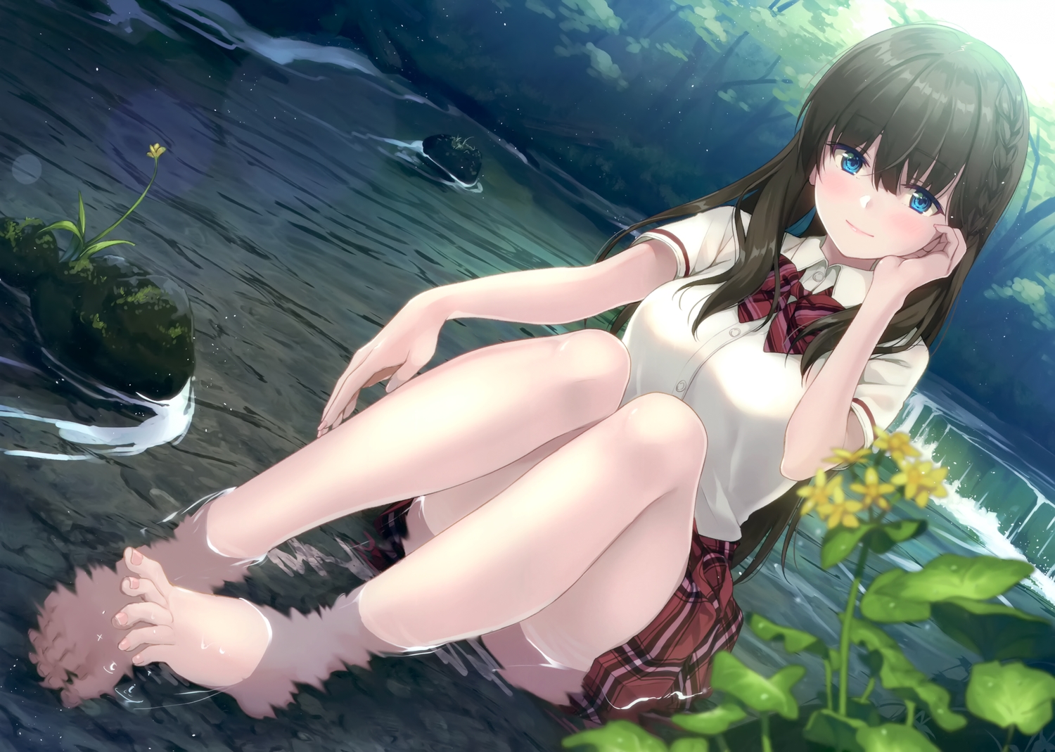 barefoot, blue_eyes, blush, bow, braids, brown_hair, flowers, forest