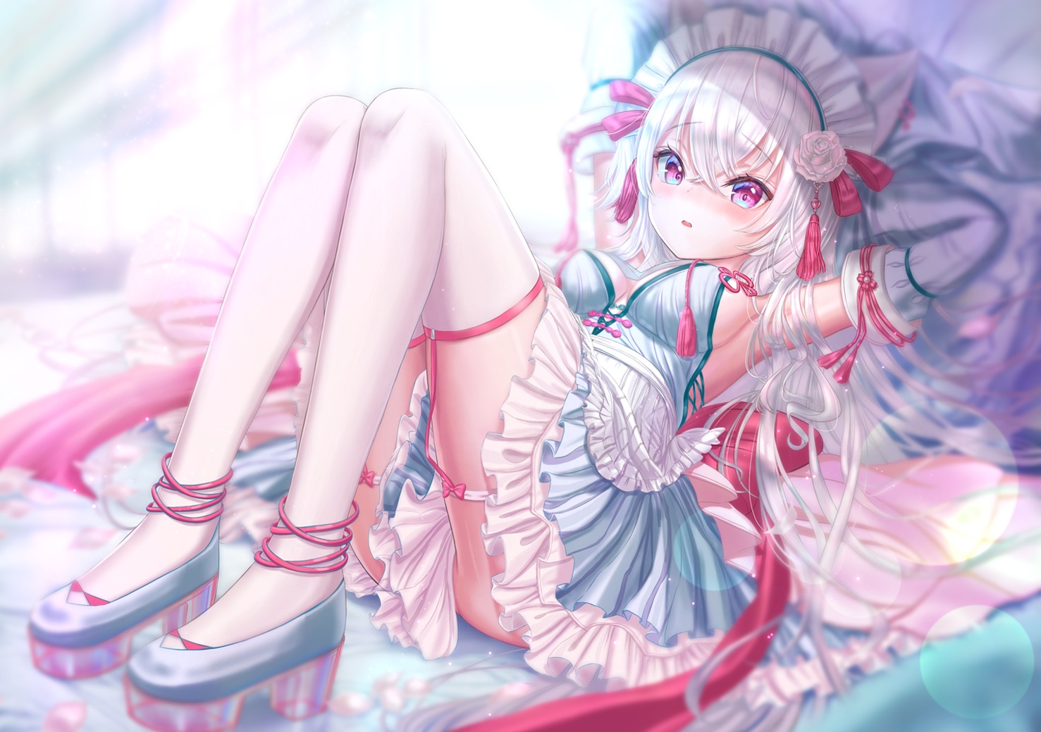 animal_ears, bed, blush, garter_belt, headband, hou_no_ka, lolita_fashion, long_hair