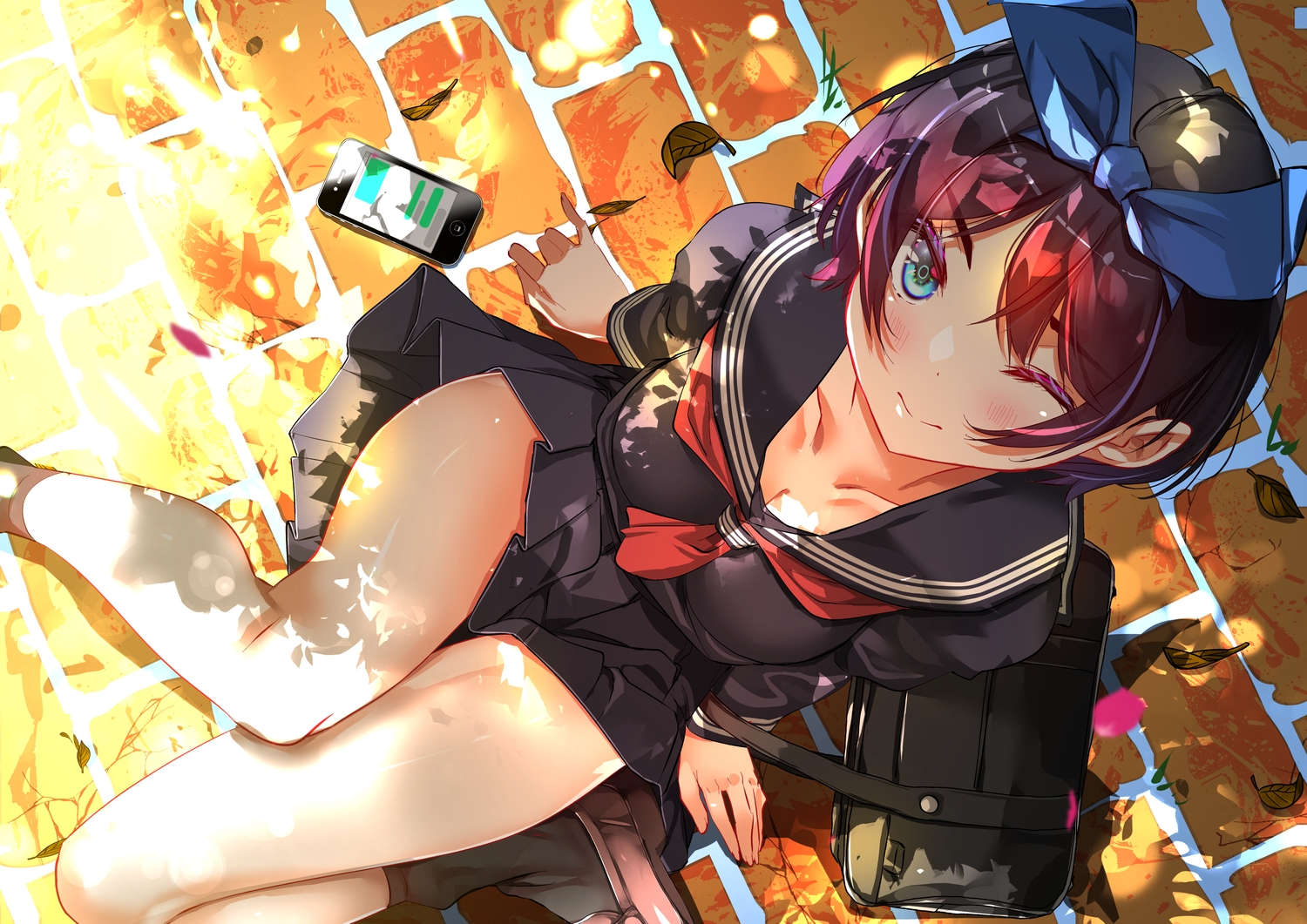 aqua_eyes, black_hair, breasts, cleavage, headband, kanojo_okarishimasu, petals, phone