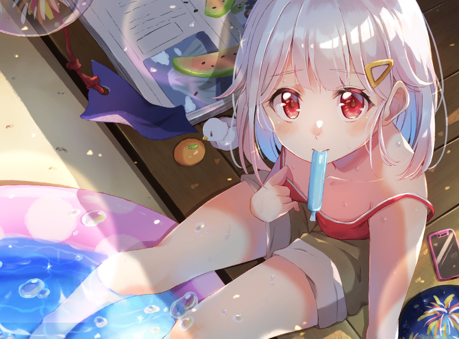 bubbles, food, fruit, orange_(fruit), original, phone, pool, popsicle, red_eyes, shorts, water, watermelon, white_hair, yusuka_yuu