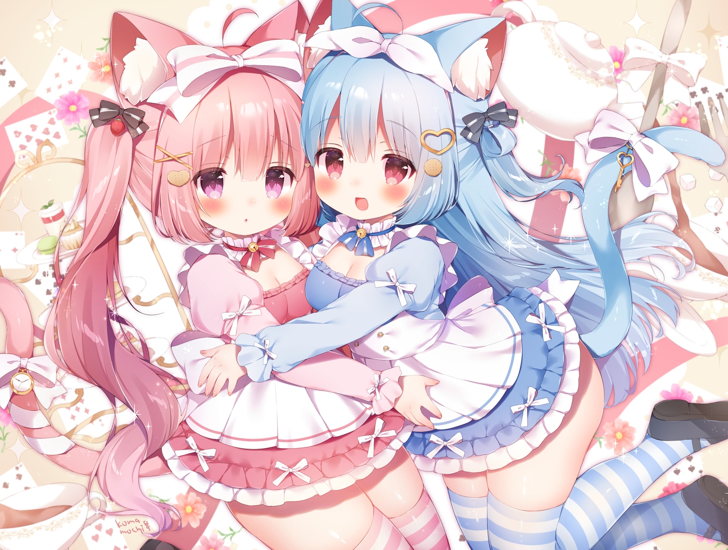 2girls, alice_in_wonderland, animal_ears, bell, blue_hair, blush, bow, breasts