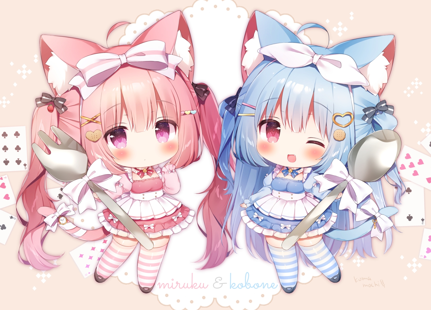 2girls, alice_in_wonderland, animal_ears, bell, blue_hair, blush, bow, catgirl