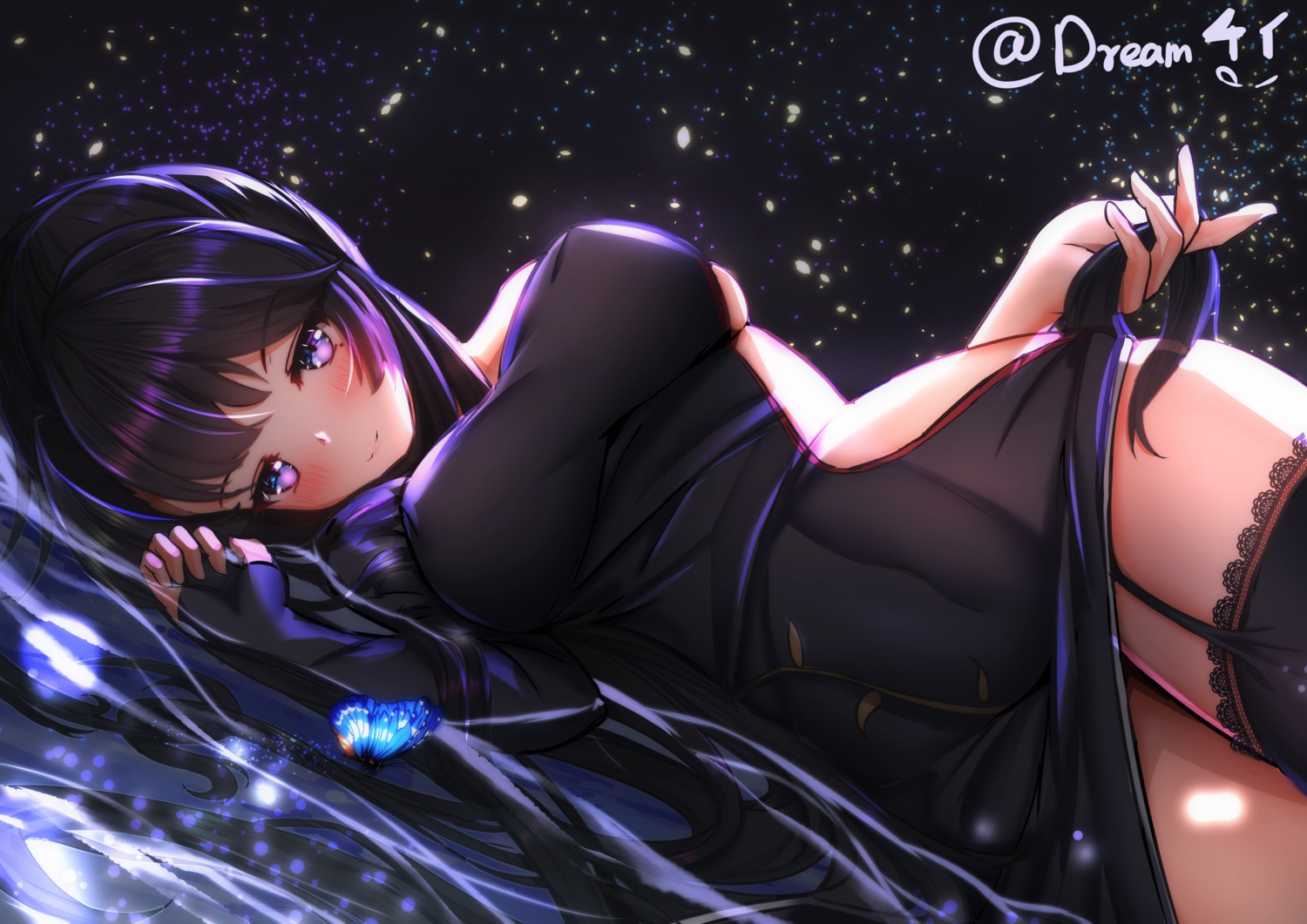 black_hair, butterfly, dream41, dress, garter_belt, long_hair, original, purple_eyes, signed, stockings, water