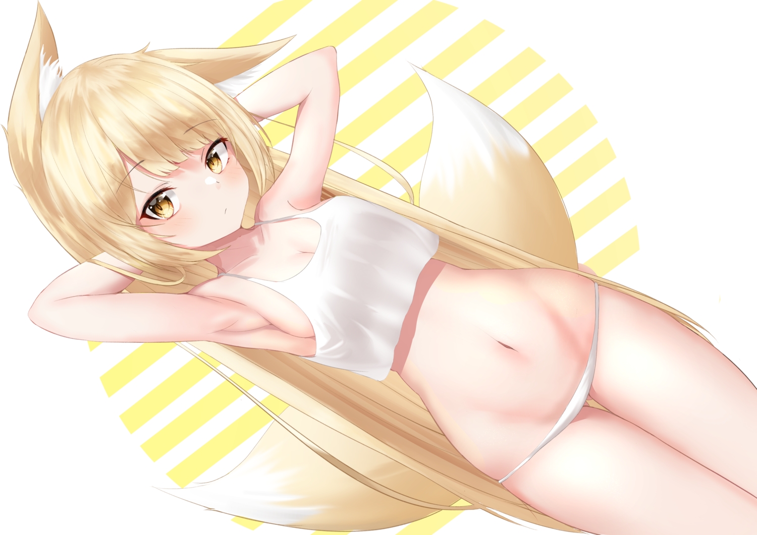 akaridreaming, animal_ears, blonde_hair, breasts, cleavage, foxgirl, navel, no_bra, original, panties, sideboob, tail, underwear, yellow_eyes