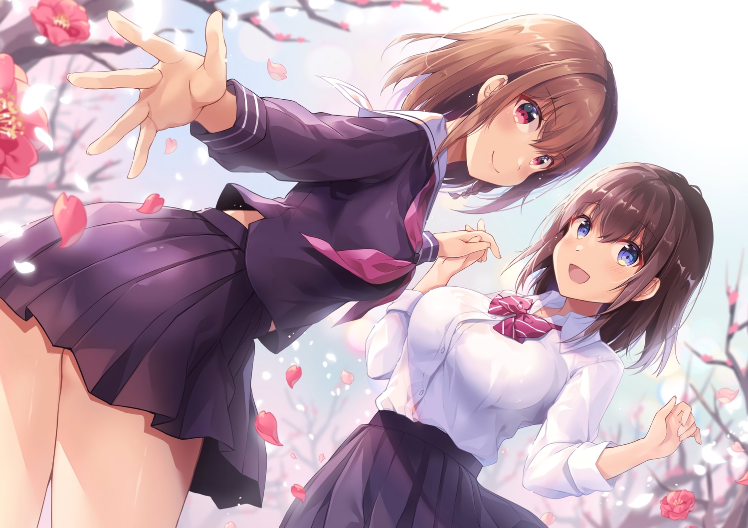 2girls, blue_eyes, brown_hair, cherry_blossoms, flowers, original, petals, red_eyes