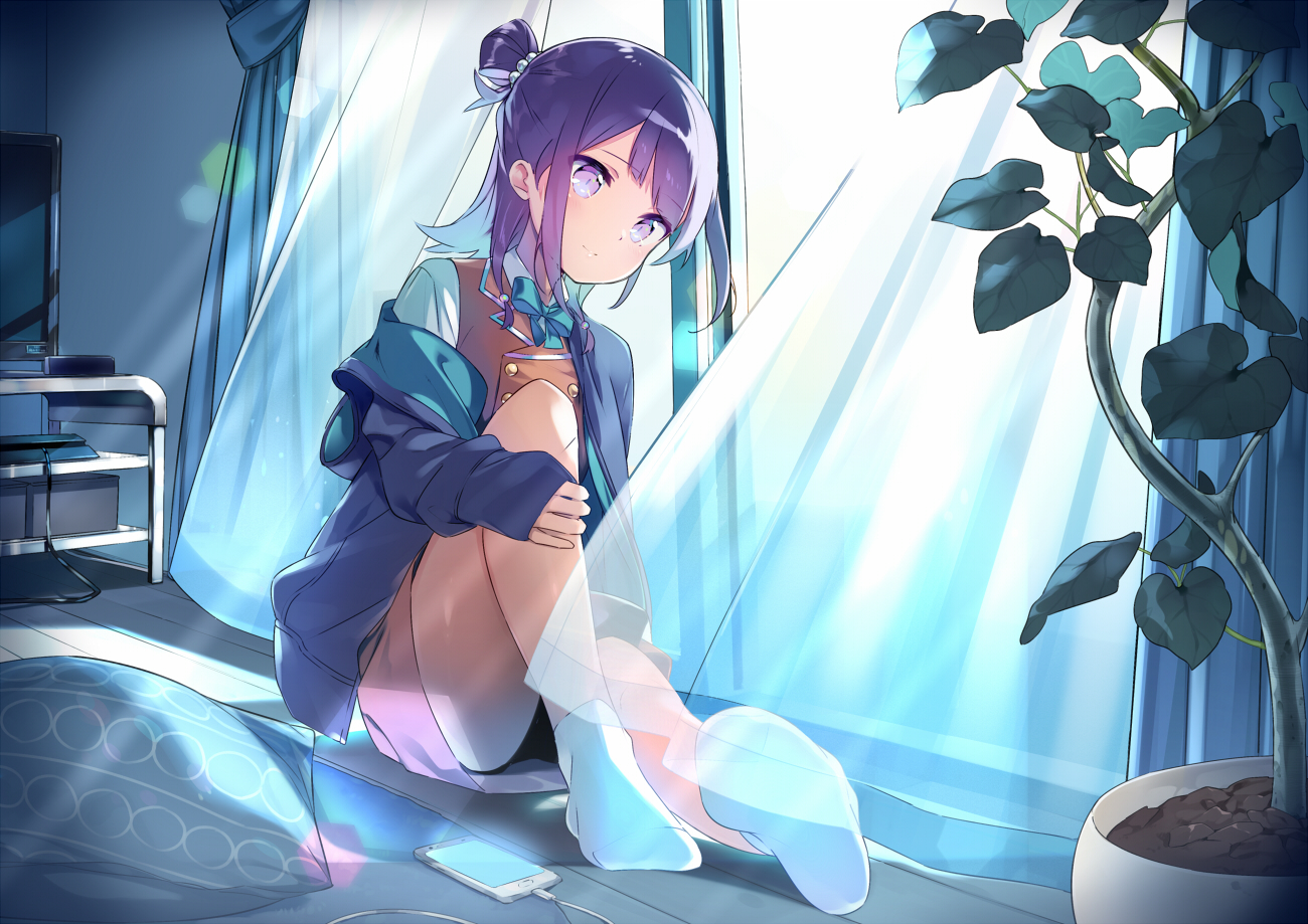 aliasing, bow, hanayori_jyoshiryou, hood, kiya_machi, kohigashi_hitona, leaves, night, panties, phone, purple_eyes, purple_hair, school_uniform, short_hair, skirt, socks, underwear