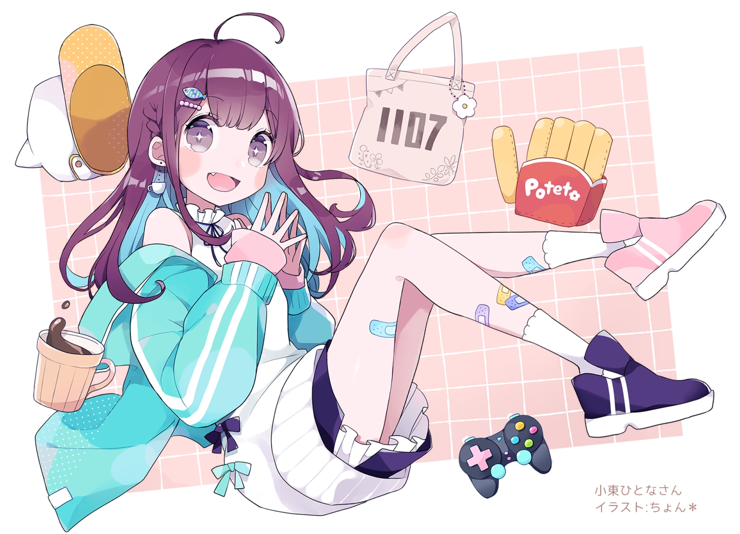 bandaid, chon_(chon33v), drink, fang, game_console, hanayori_jyoshiryou, hat, hood