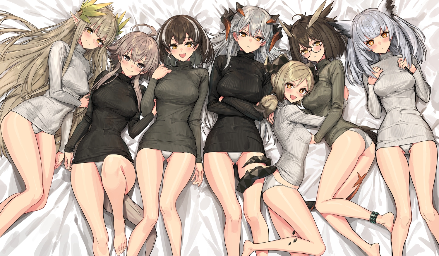 animal_ears, arknights, ass, blonde_hair, brown_eyes, brown_hair, glasses, gray_eyes, gray_hair, group, horns, ifrit_(arknights), long_hair, magallan_(arknights), mayer_(arknights), muelsyse_(arknights), orange_eyes, panties, pointed_ears, ptilopsis_(arknights), saria_(arknights), short_hair, sigm@, silence_(arknights), tail, twintails, underwear, yellow_eyes