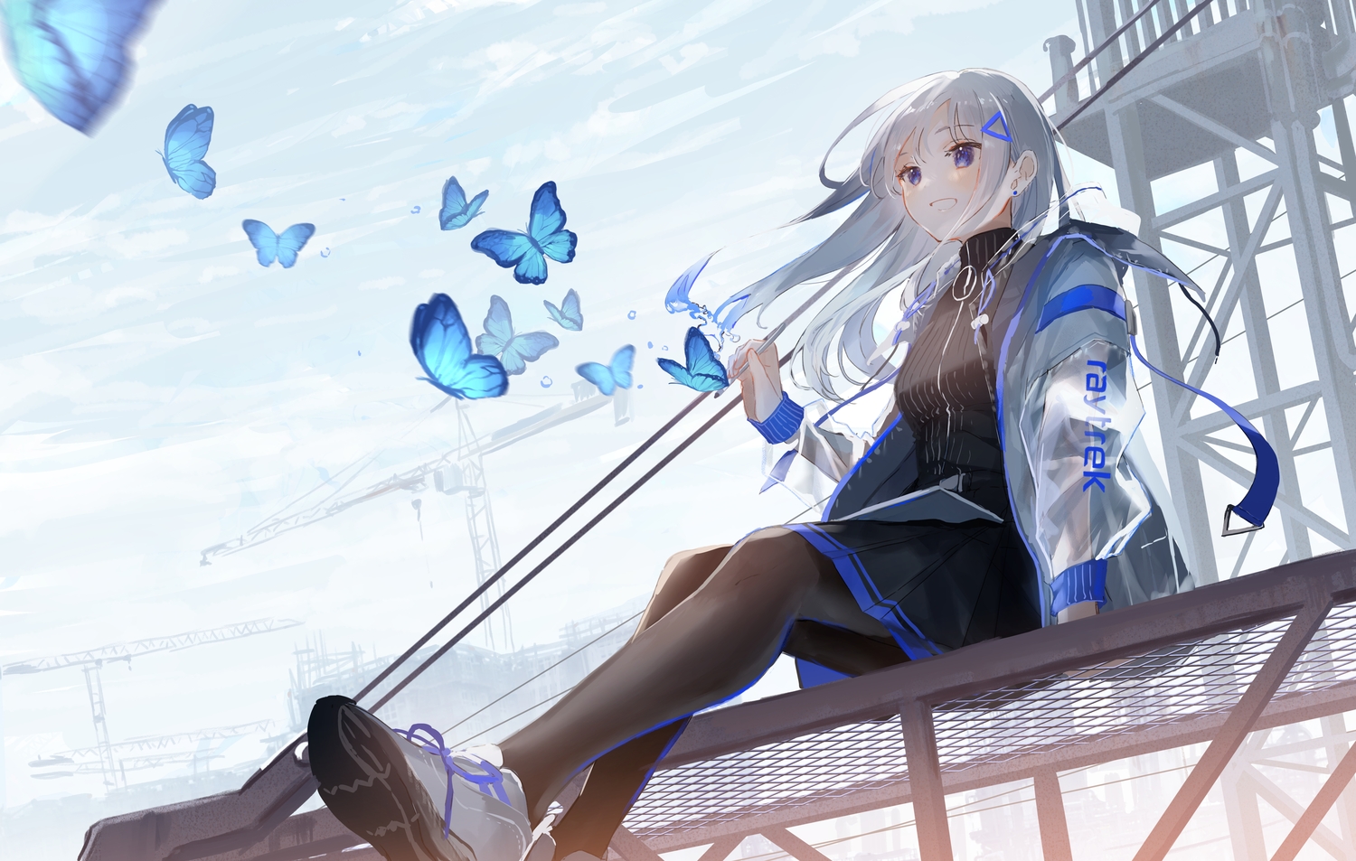 butterfly, clouds, gray_hair, long_hair, original, oyuyu, pantyhose, skirt