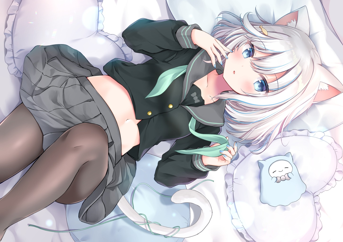 animal_ears, bed, blue_eyes, blush, catgirl, masayo_(gin_no_ame), navel, original, pantyhose, school_uniform, short_hair, skirt, tail, white_hair