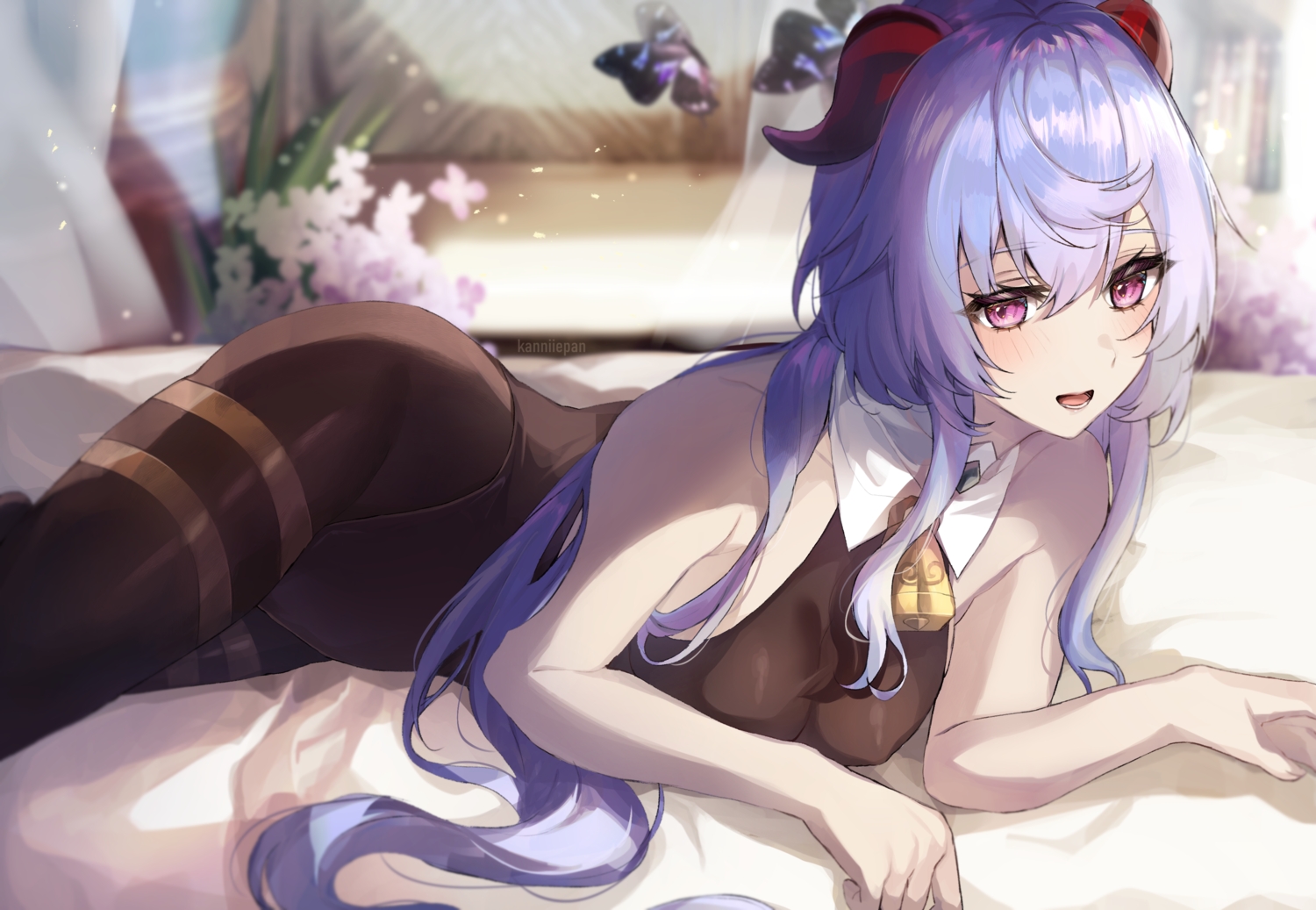 bed, blue_hair, blush, butterfly, flowers, ganyu_(genshin_impact), genshin_impact, horns