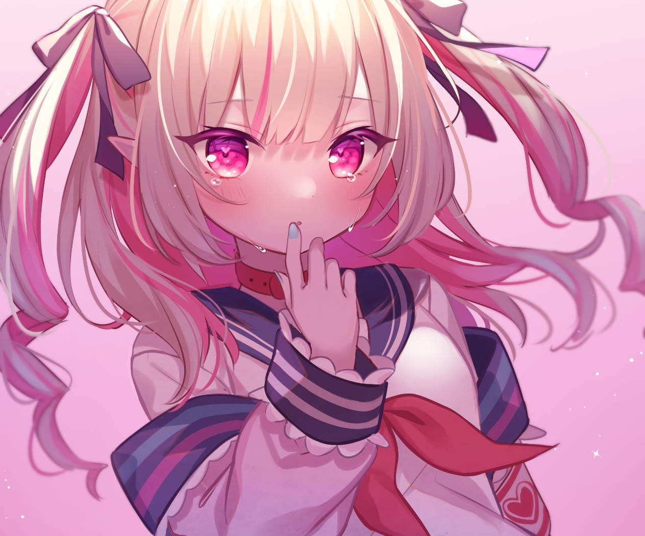 blonde_hair, blush, bow, close, collar, cropped, demon, gradient