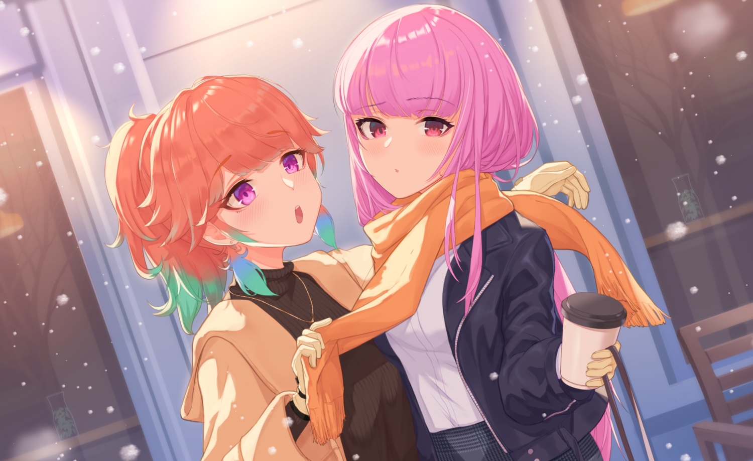 2girls, blush, drink, gloves, hololive, hood, long_hair, makamati, mori_calliope, necklace, orange_hair, pink_hair, ponytail, purple_eyes, red_eyes, scarf, short_hair, shoujo_ai, takanashi_kiara, winter