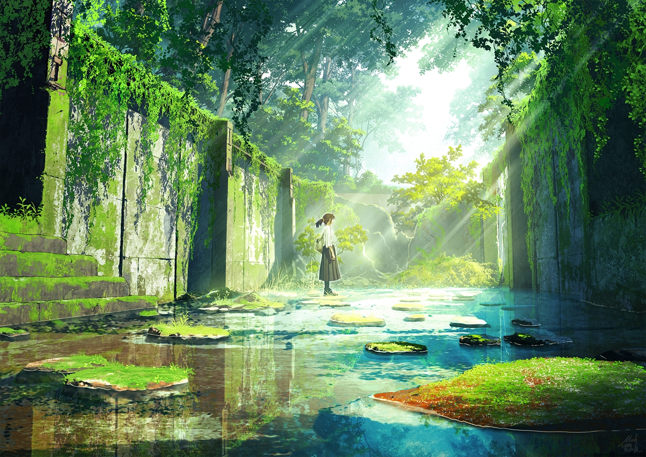 black_hair, forest, green, mocha_(cotton), original, ponytail, reflection, ruins, scenic, signed, skirt, stairs, tree, water
