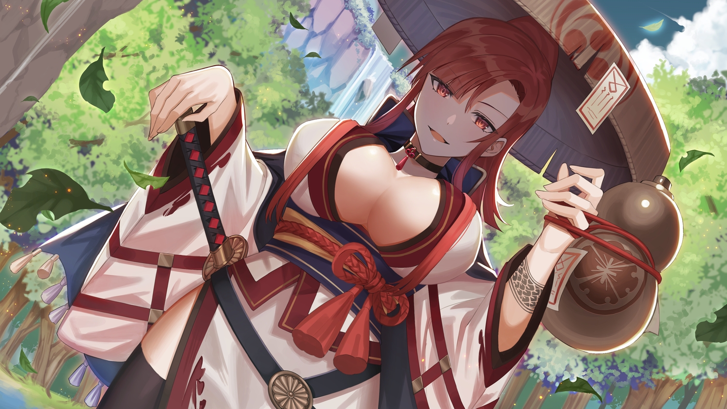amahara_subaru, breasts, choker, cleavage, clouds, drink, forest, hat, japanese_clothes, katana, leaves, ofuda, original, red_eyes, red_hair, rope, sake, sky, sword, tattoo, thighhighs, tree, water, waterfall, weapon