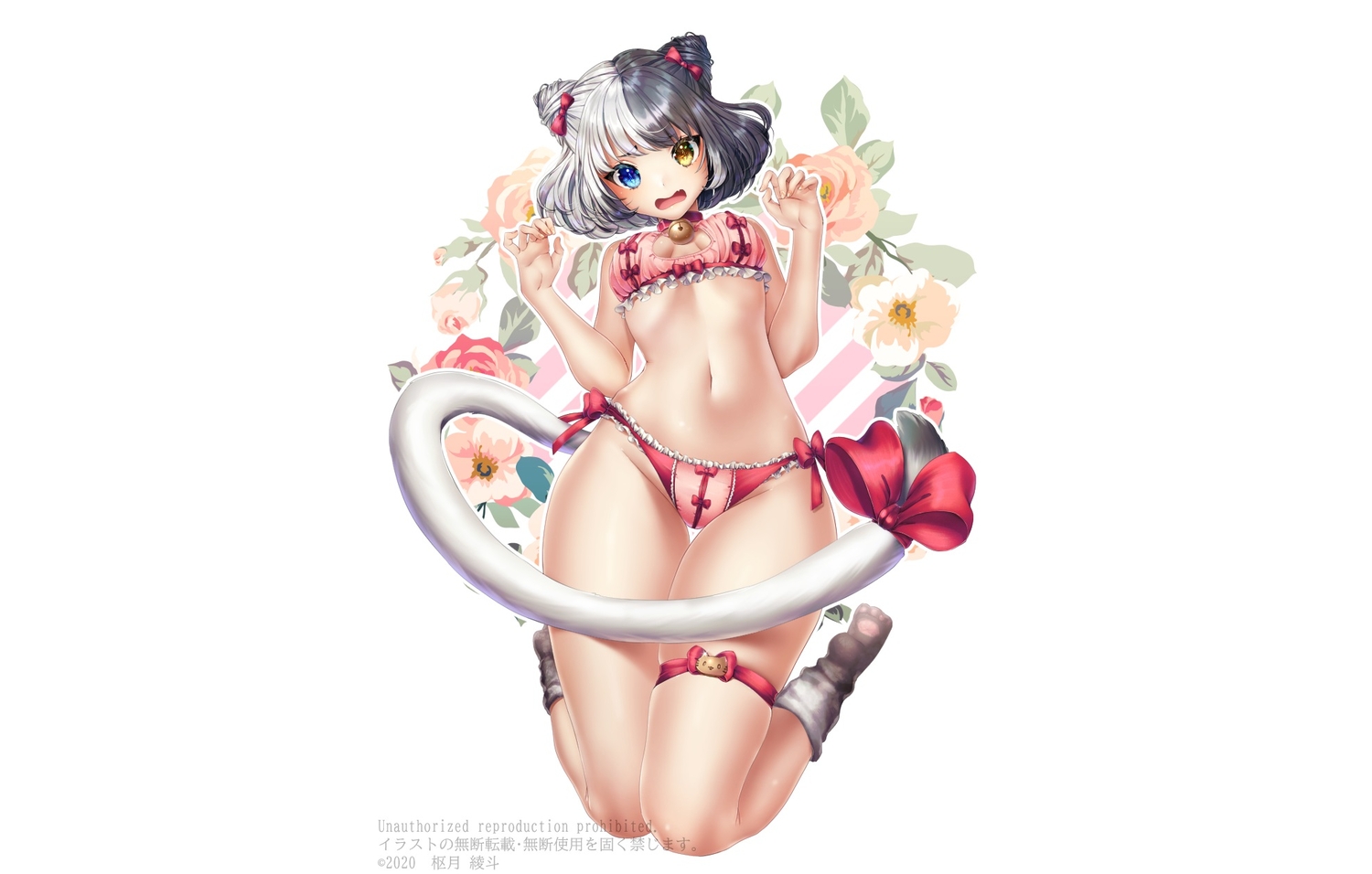 bell, bicolored_eyes, bow, bra, breasts, catgirl, collar, fang