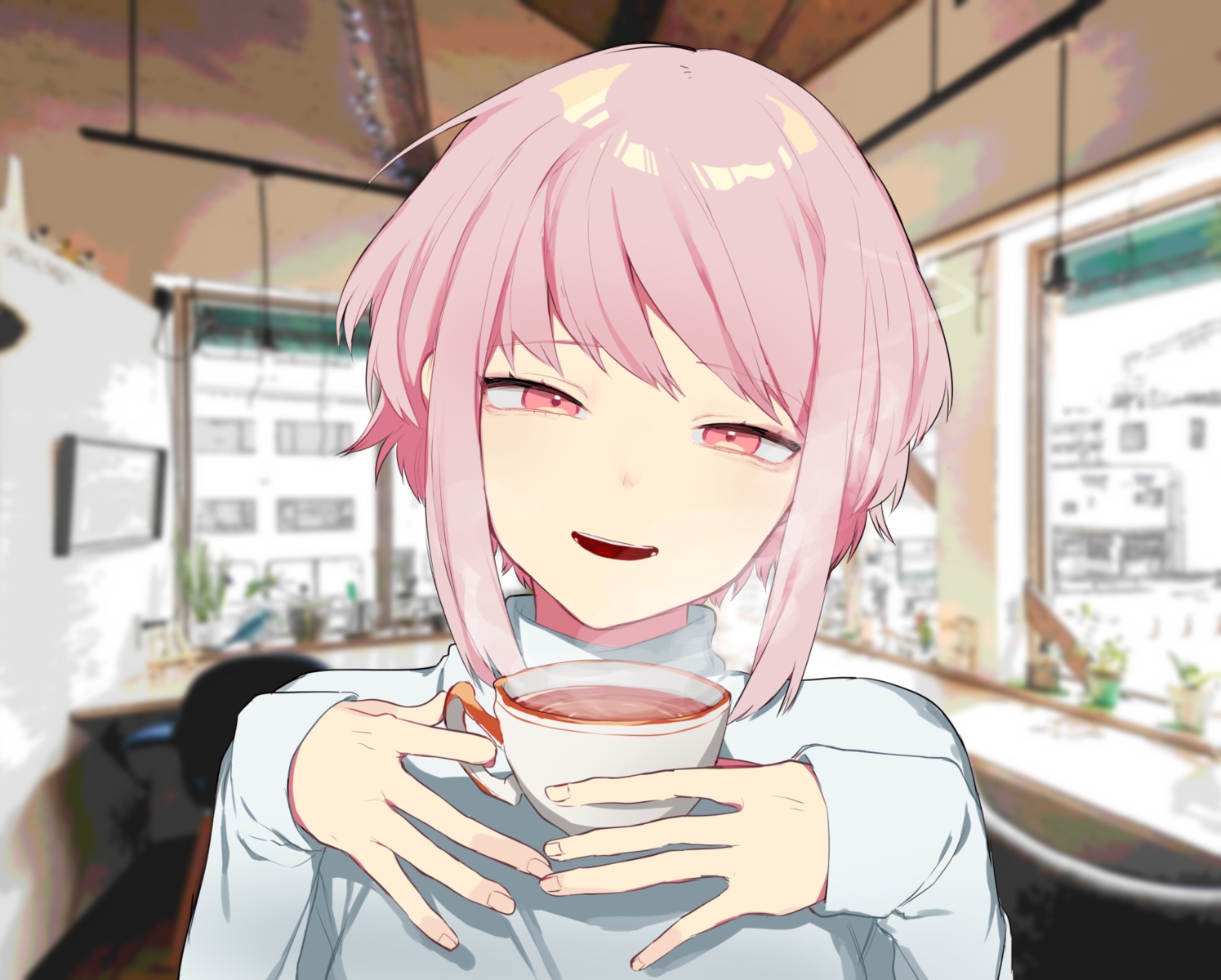 close, drink, original, pink_eyes, pink_hair, shitoo, short_hair