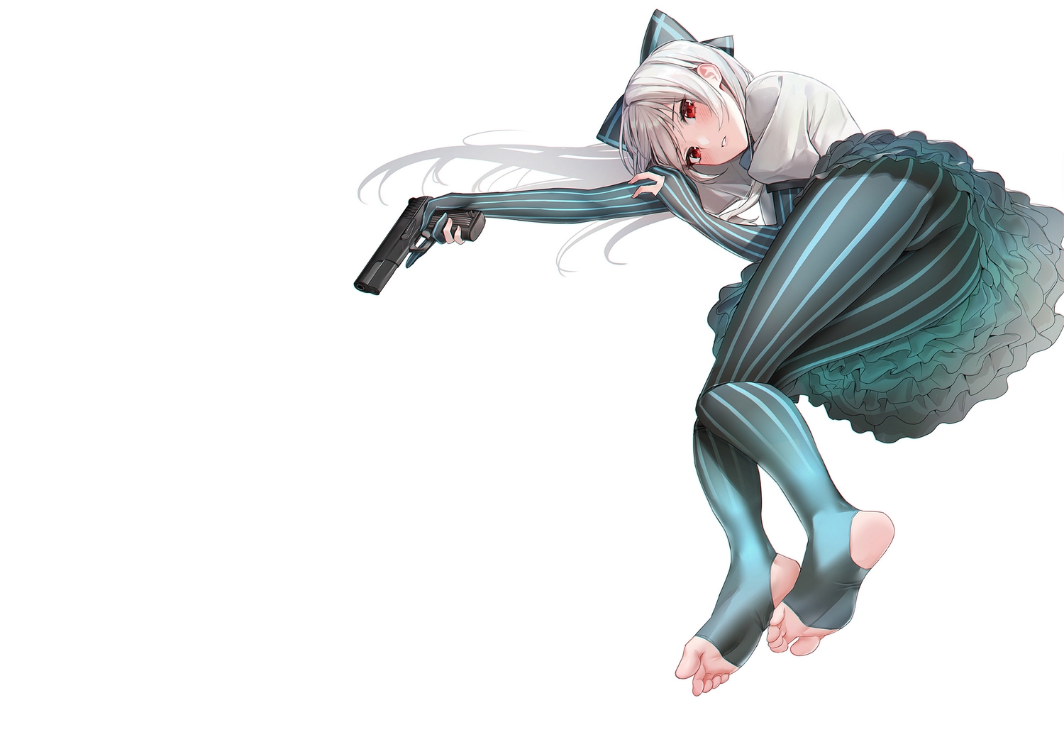 anthropomorphism, barefoot, blush, bow, elbow_gloves, girls_frontline, gloves, gray_hair