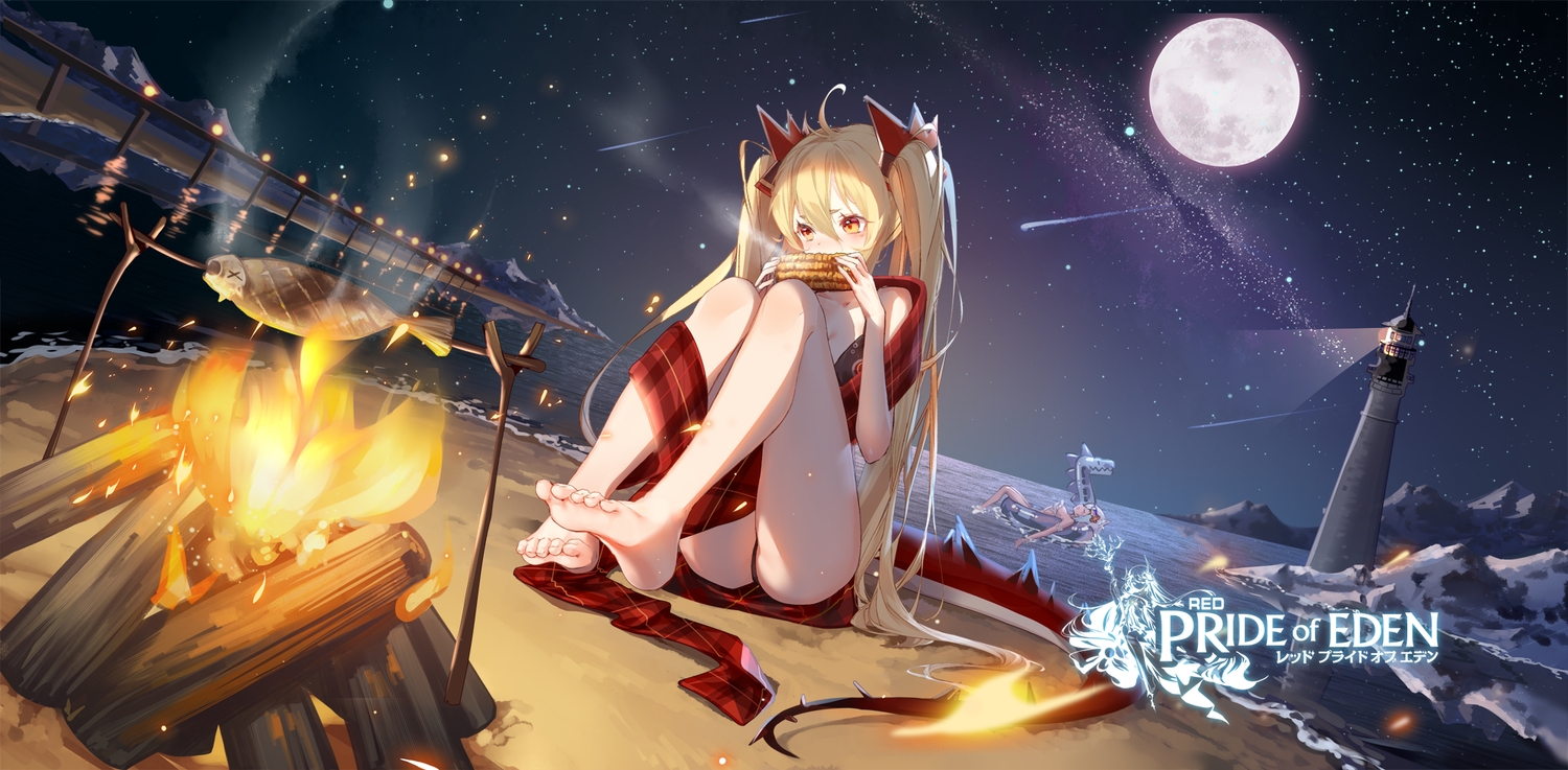 2girls, aliasing, barefoot, bikini, blonde_hair, clouble, fire, food, lighthouse, lily_(red:_pride_of_eden), logo, long_hair, moon, night, red:_pride_of_eden, sky, stars, swimsuit, twintails, water