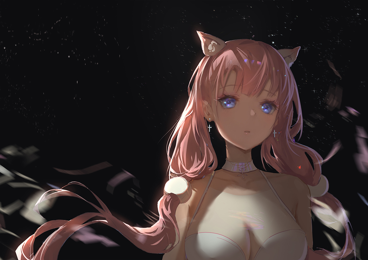 animal_ears, blue_eyes, catgirl, close, cross, long_hair, original, pink_hair