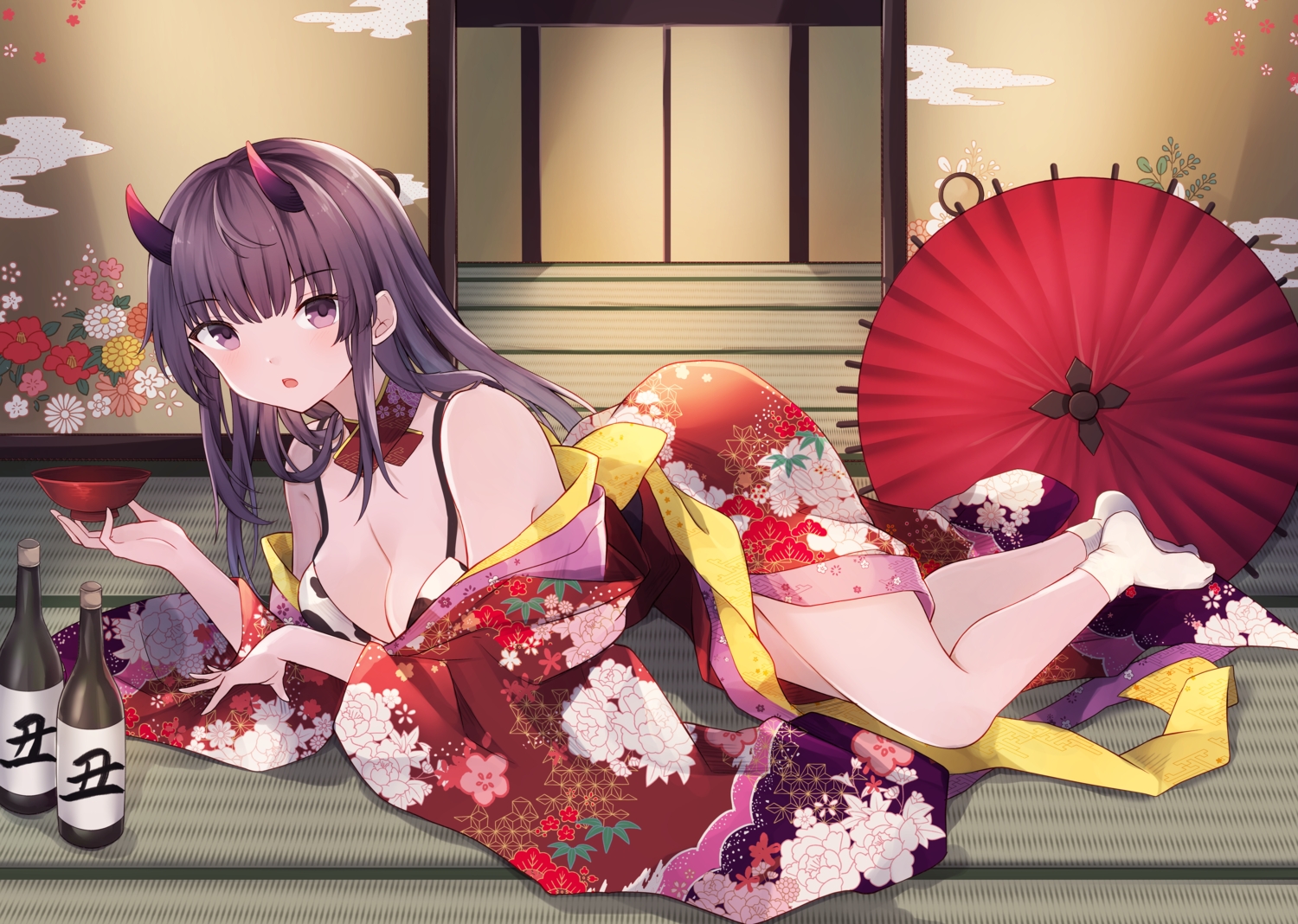 bikini_top, blush, breasts, cleavage, drink, horns, japanese_clothes, kimono