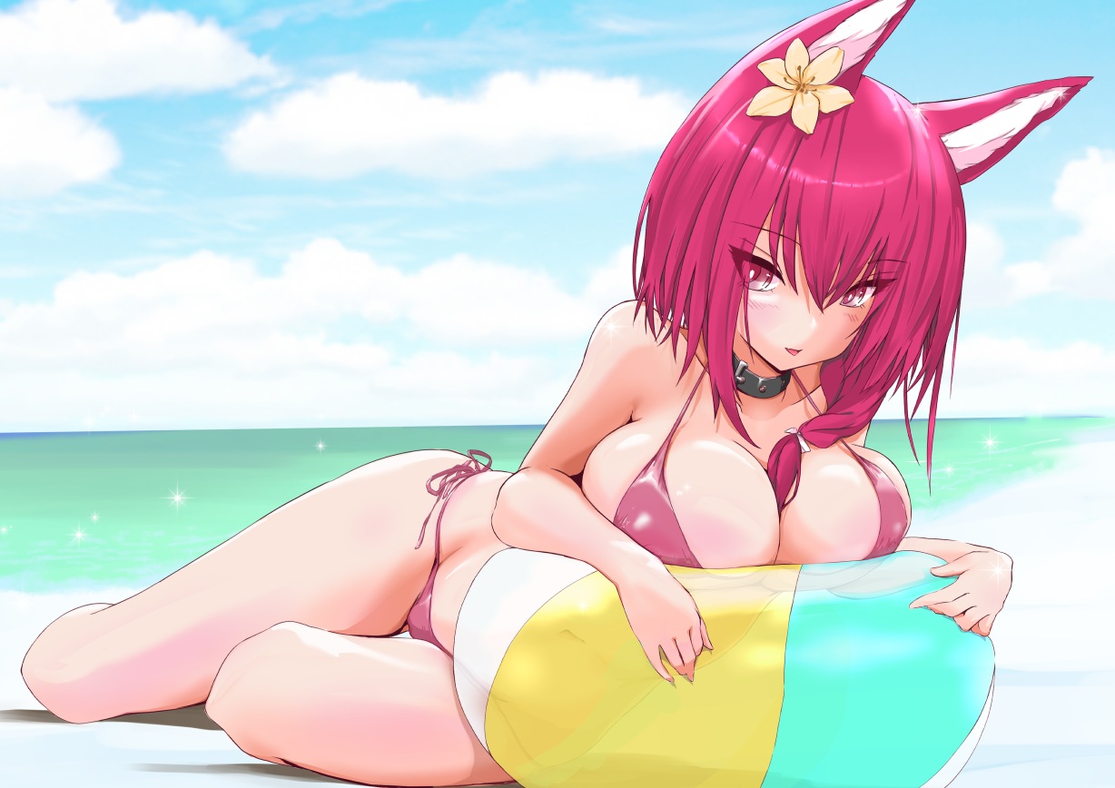 animal_ears, anthropomorphism, azur_lane, ball, beach, bikini, chiyoda_(azur_lane), collar