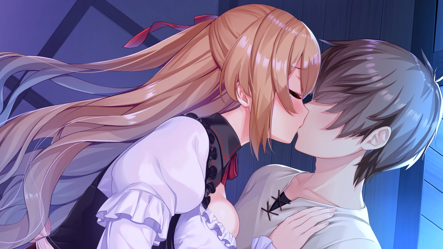 blonde_hair, blush, brown_hair, game_cg, inui_waon, isekai_sakaba_no_sextet, kiss, long_hair, lupine, male, ponytail, qureate, ribbons, short_hair