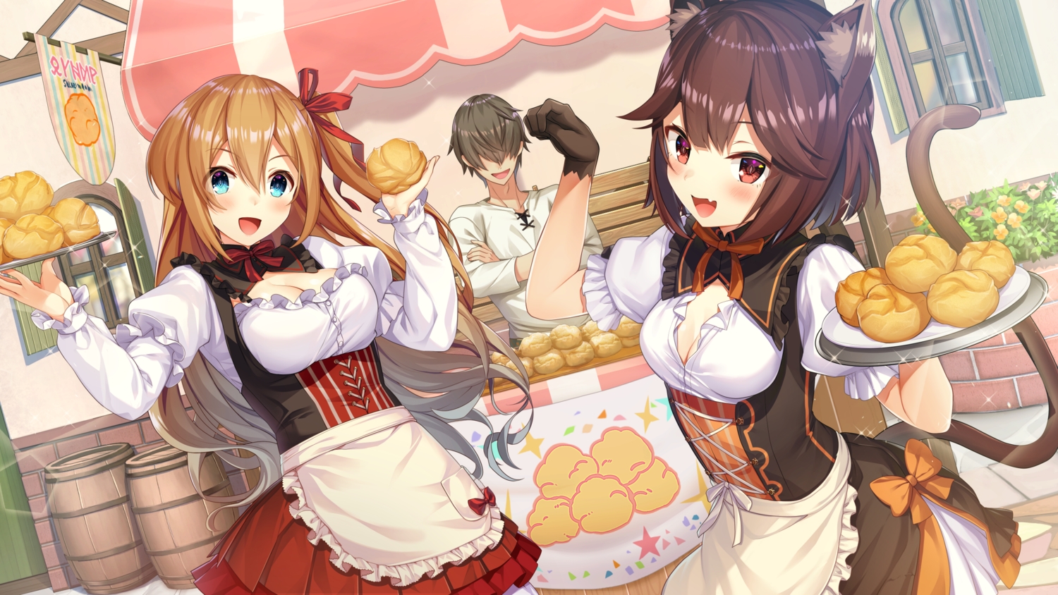 animal_ears, blonde_hair, blue_eyes, brown_hair, catgirl, daisy_(isekai_sakaba_no_sextet), game_cg, inui_waon, isekai_sakaba_no_sextet, long_hair, lupine, male, qureate, red_eyes, ribbons, short_hair, tail, waitress