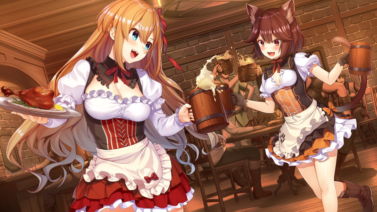 animal_ears, blonde_hair, blue_eyes, brown_hair, catgirl, daisy_(isekai_sakaba_no_sextet), drink, food, game_cg, inui_waon, isekai_sakaba_no_sextet, long_hair, lupine, male, qureate, red_eyes, ribbons, short_hair, tail, waitress