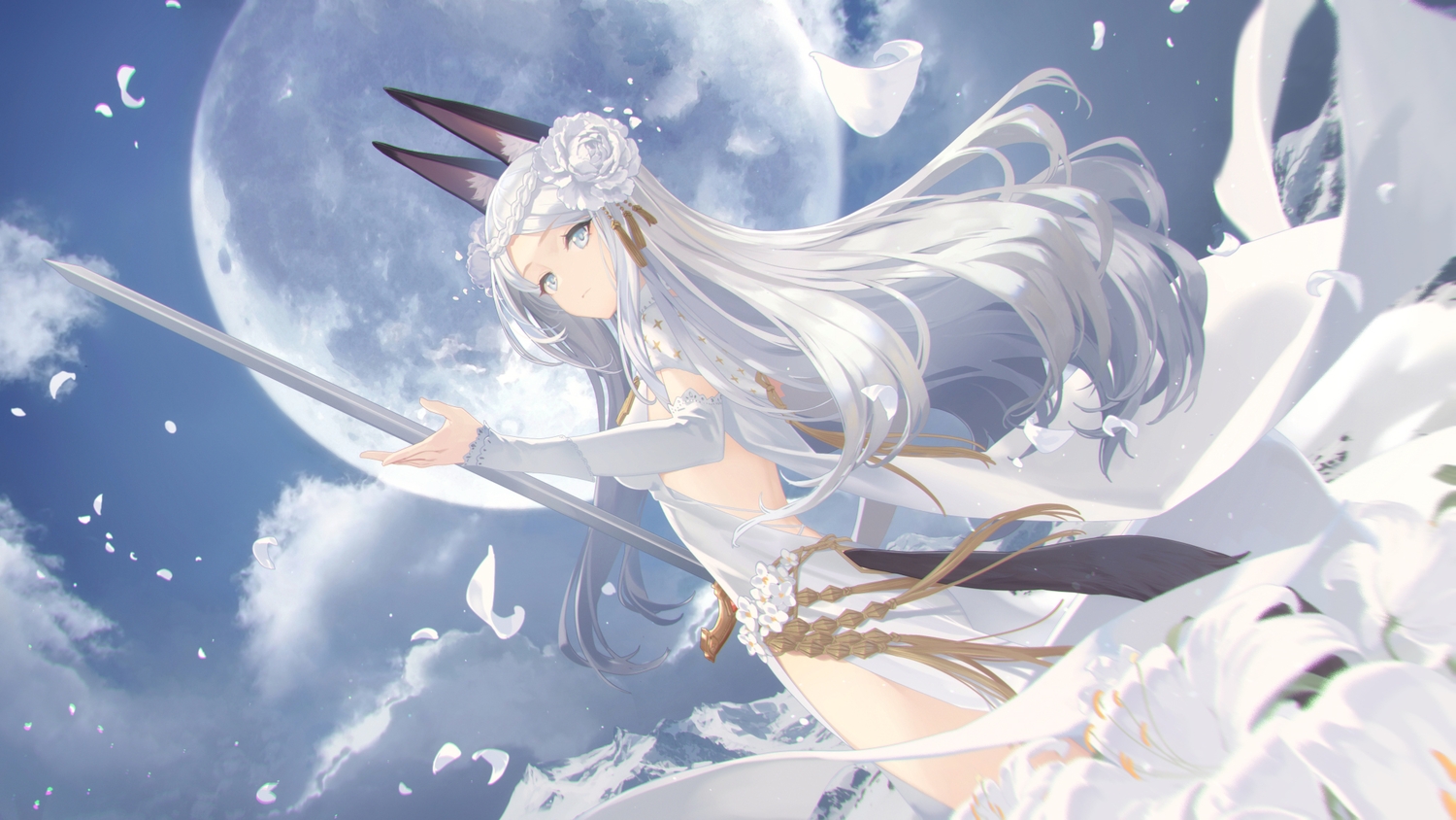 animal_ears, clouds, dress, flowers, long_hair, moon, olivia_(red:_pride_of_eden), petals