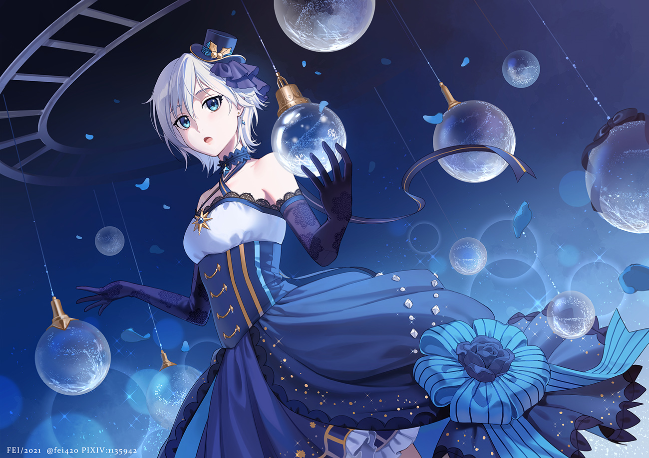 anastasia_(idolmaster), ball, blue, blue_eyes, bow, choker, dress, fen_renlei, gloves, gradient, gray_hair, hat, idolmaster, idolmaster_cinderella_girls, petals, short_hair, watermark