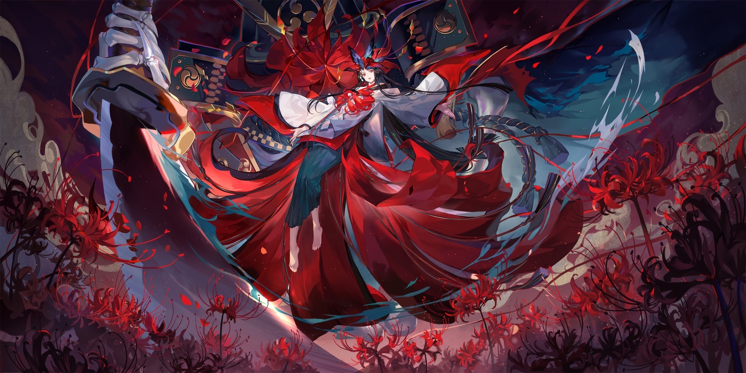 barefoot, black_hair, clouds, criin, flowers, higanbana_(onmyouji), japanese_clothes, katana