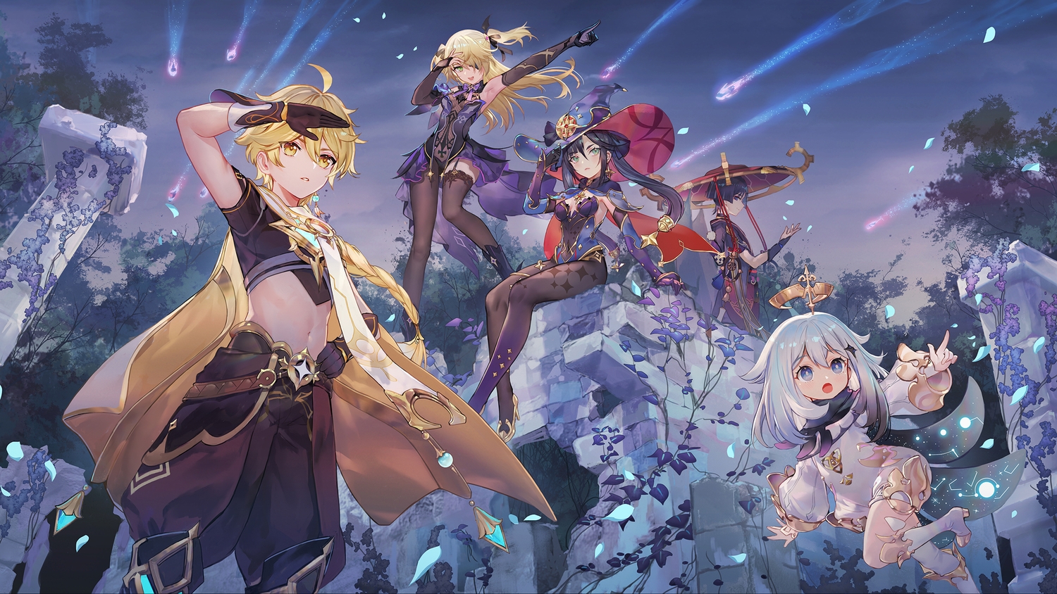 aether_(genshin_impact), black_eyes, black_hair, blonde_hair, blue_eyes, bow, criin, dress, elbow_gloves, fischl_(genshin_impact), genshin_impact, gloves, green_eyes, group, halo, hat, loli, long_hair, male, mona_megistus, necklace, night, paimon_(genshin_impact), pantyhose, petals, ruins, scaramouche_(genshin_impact), short_hair, sky, stockings, tree, twintails, white_hair, yellow_eyes