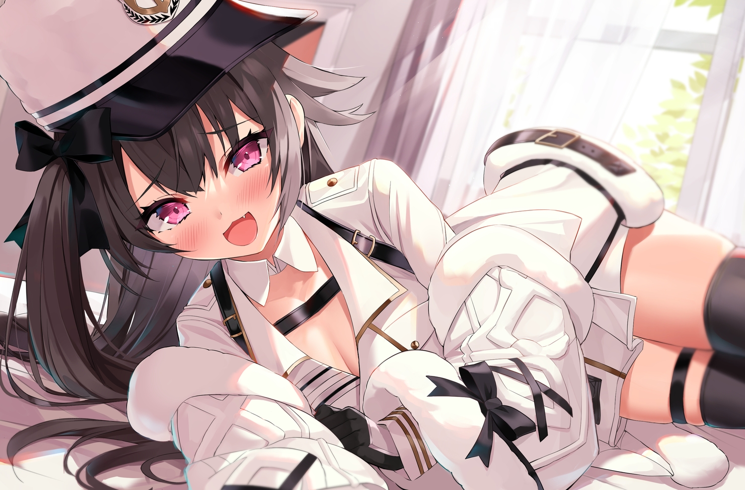 anthropomorphism, azur_lane, brown_hair, cat_smile, fang, gloves, hat, kyonta