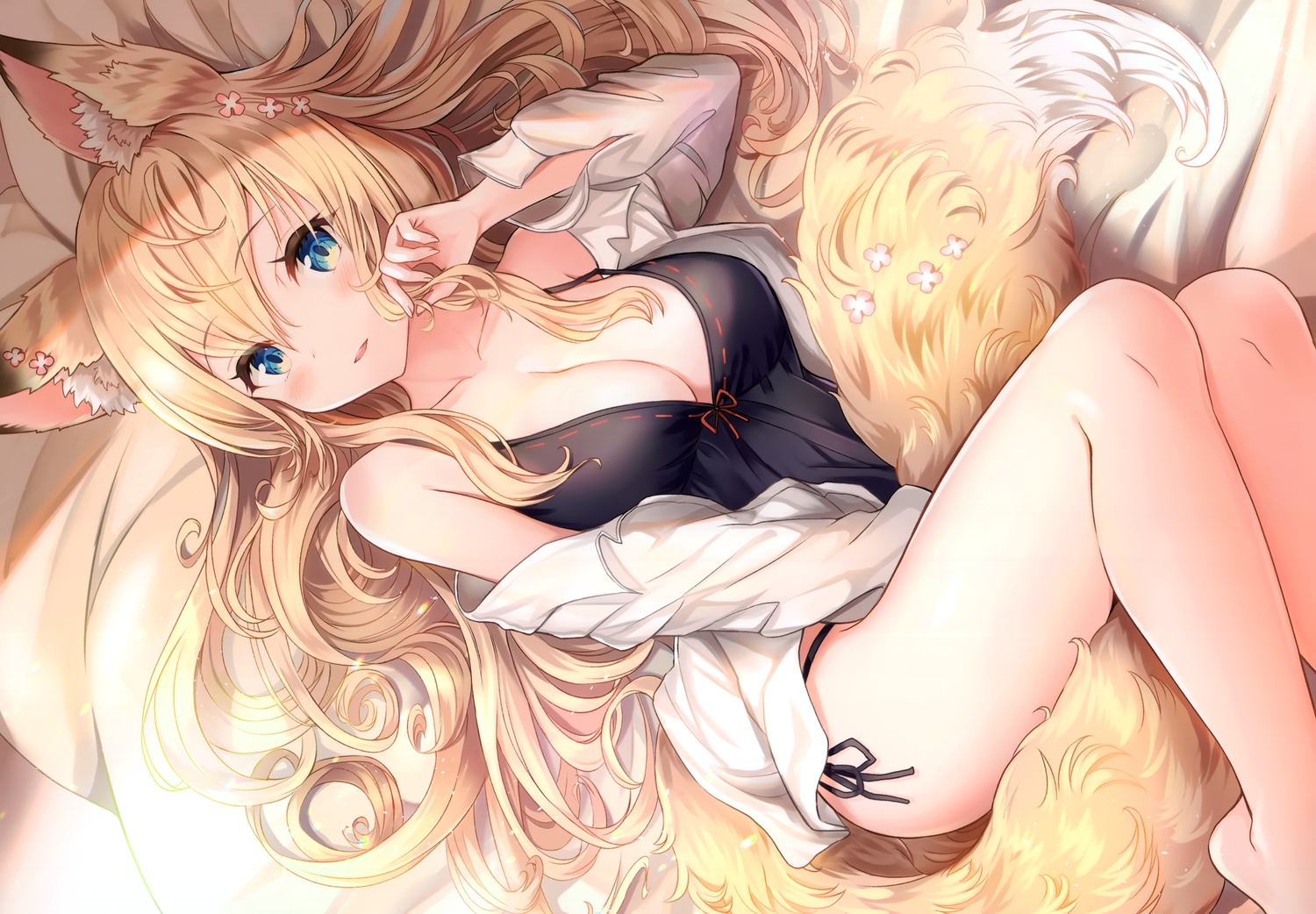 animal_ears, aqua_eyes, bed, blonde_hair, breasts, cleavage, foxgirl, long_hair