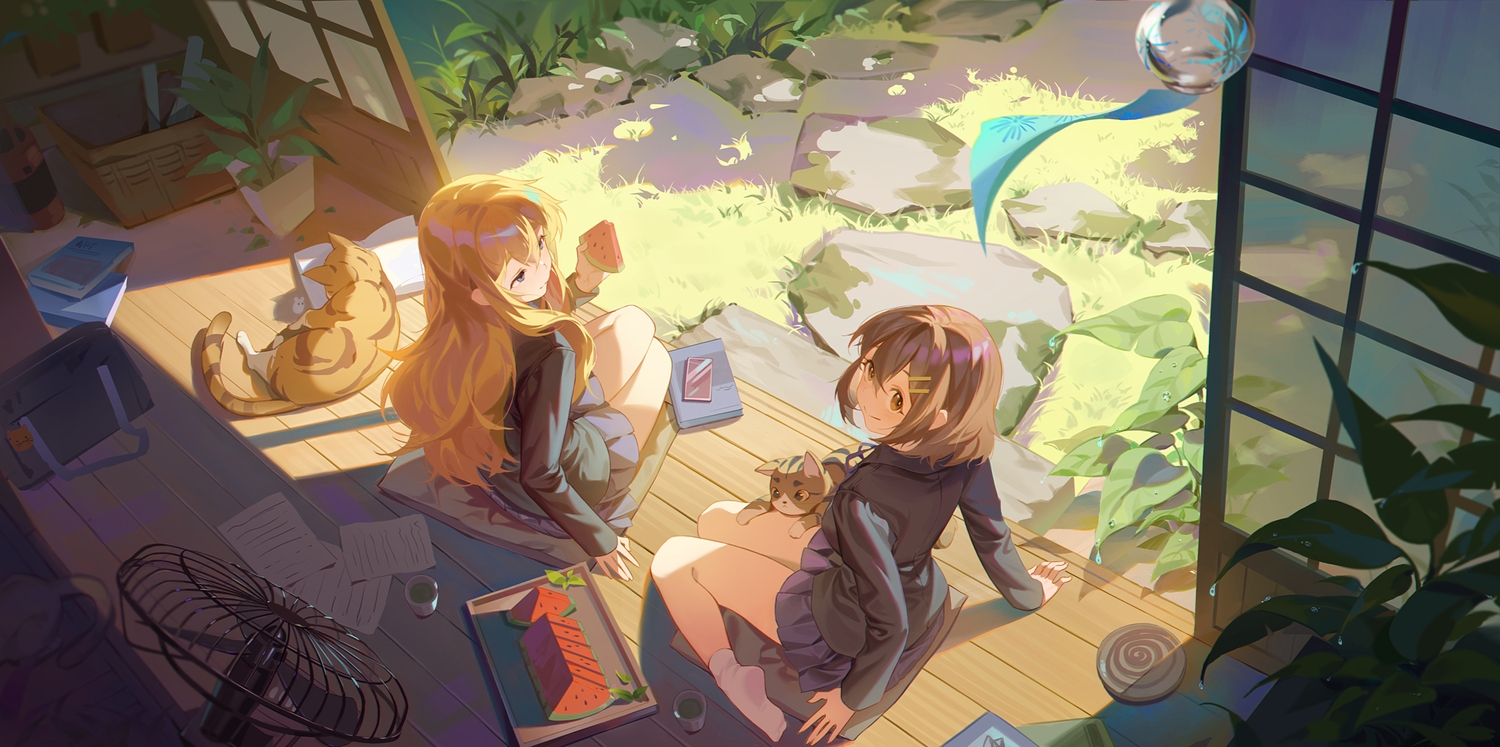 2girls, animal, blonde_hair, blue_eyes, book, brown_eyes, brown_hair, cat, fan, food, fruit, hirasawa_yui, k-on!, kotobuki_tsumugi, lan-ge-zi, long_hair, paper, school_uniform, short_hair, skirt, summer, watermelon
