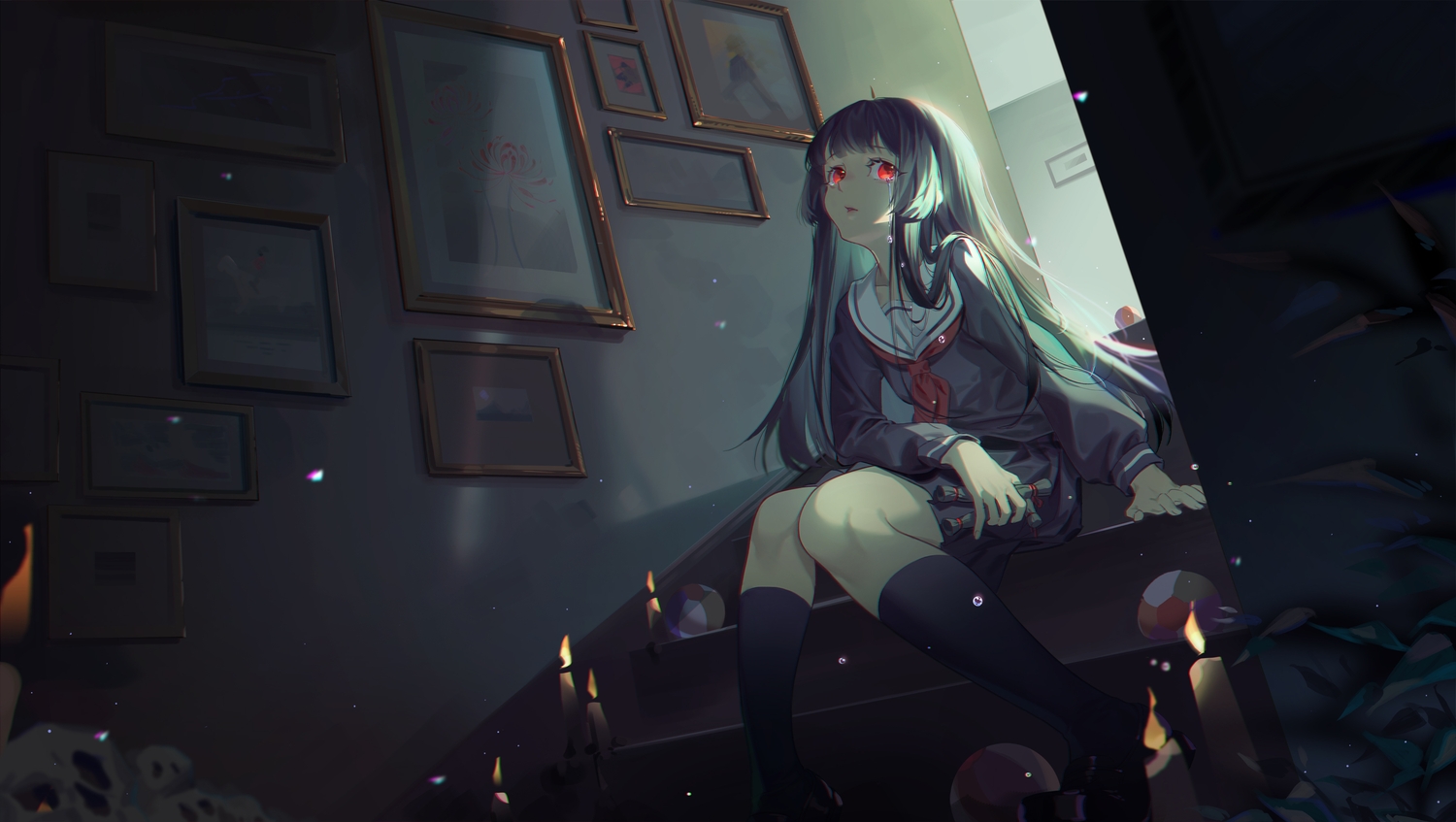 ball, black_hair, crying, enma_ai, jigoku_shoujo, lan-ge-zi, long_hair, red_eyes, school_uniform, skirt, skull, stairs, tears