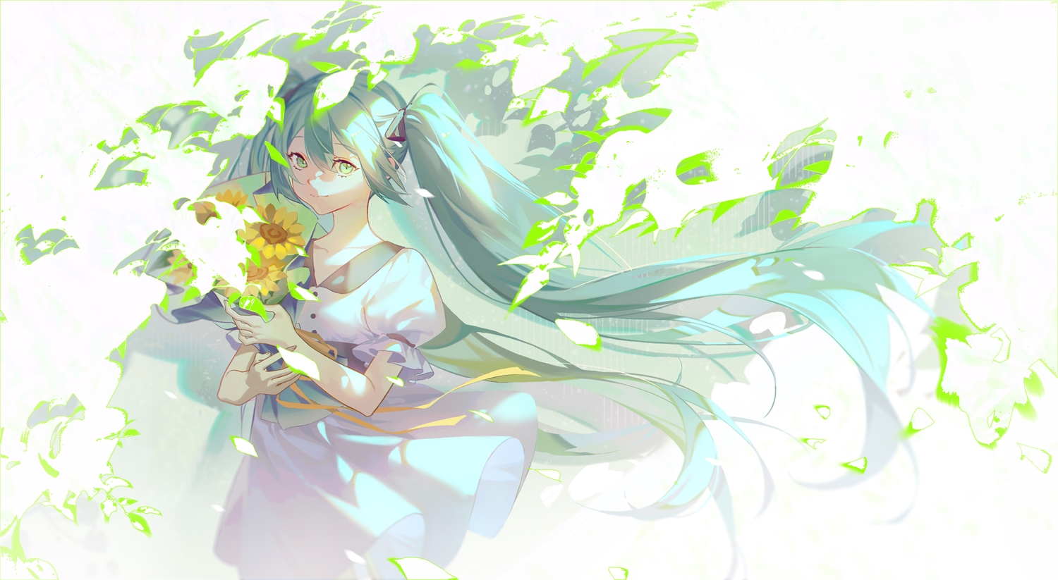 dress, flowers, green_eyes, hatsune_miku, lan-ge-zi, long_hair, twintails, vocaloid