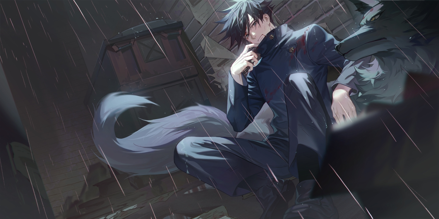 all_male, animal, black_hair, blood, blue_eyes, fushiguro_megumi, jujutsu_kaisen, lan-ge-zi