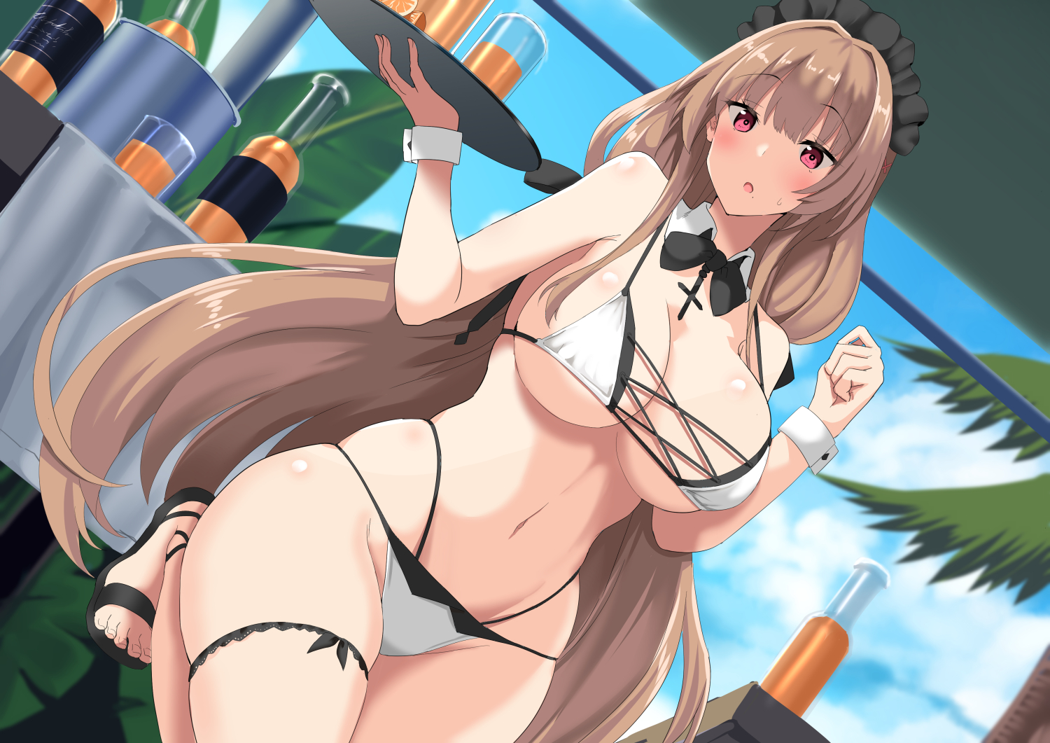 aliasing, anthropomorphism, azur_lane, bikini, brown_hair, clouds, drink, long_hair, maid, mito_yoshihiro, purple_eyes, sky, swiftsure_(azur_lane), swimsuit, waitress