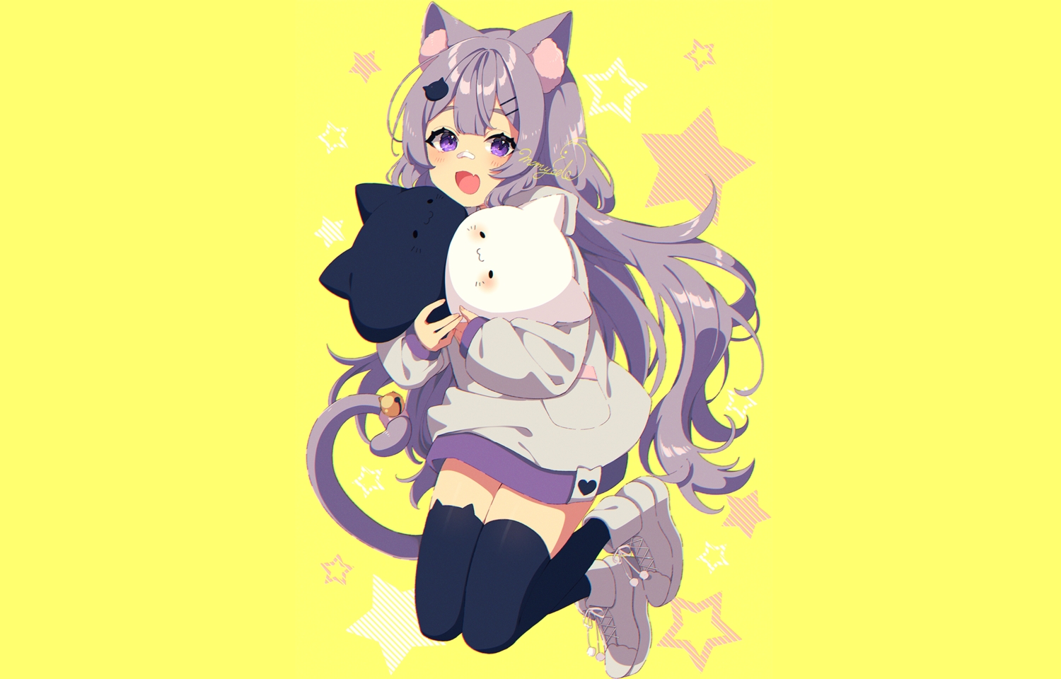 animal_ears, aylaah_mao, bandaid, bell, blush, catgirl, fang, hood