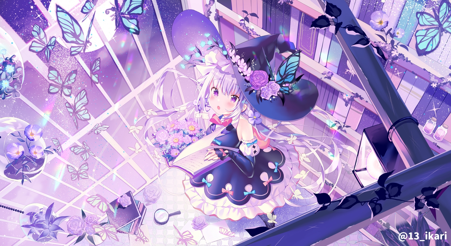 aliasing, blush, book, butterfly, dress, flowers, hat, ikari_(aor3507)