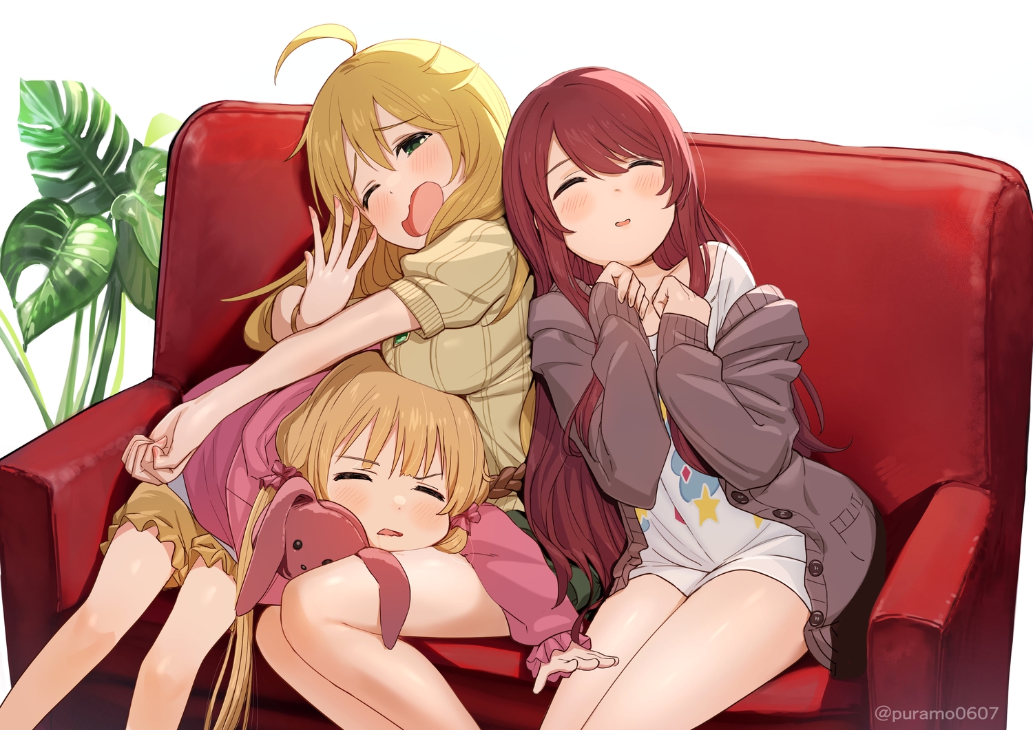 blonde_hair, blush, futaba_anzu, green_eyes, hoshii_miki, idolmaster, idolmaster_cinderella_girls, long_hair, oosaki_tenka, red_hair, sleeping, suzuki_puramo