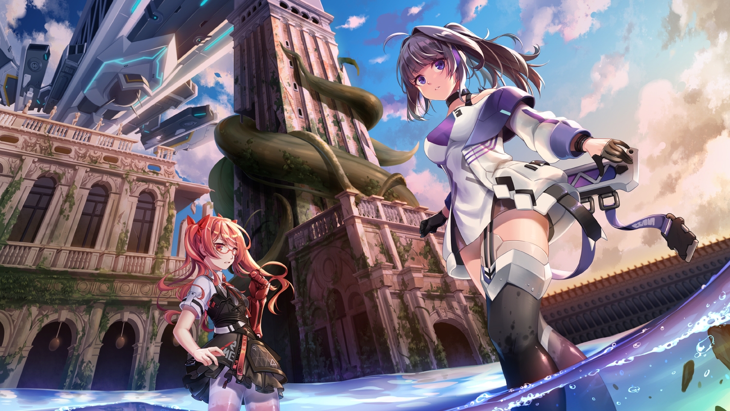 black_hair, clouds, dress, frederica_nikola_tesla_(honkai_impact), glasses, gloves, honkai_impact, honkai_(series), nogi-to, purple_eyes, raiden_mei, ruins, skirt, sky, water