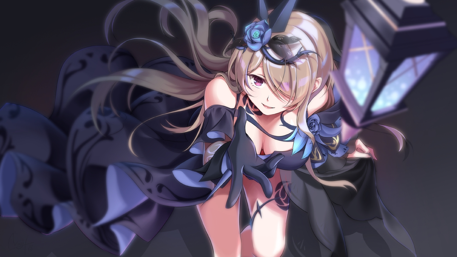 brown_hair, dress, flowers, gloves, honkai_impact, honkai_(series), long_hair, nogi-to
