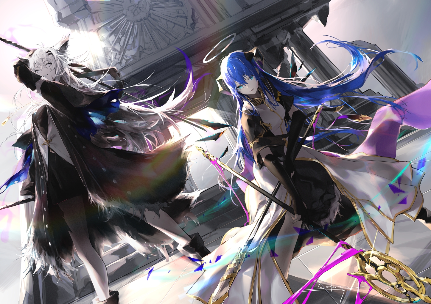 2girls, animal_ears, aqua_eyes, arknights, blue_hair, boots, elbow_gloves, foxgirl