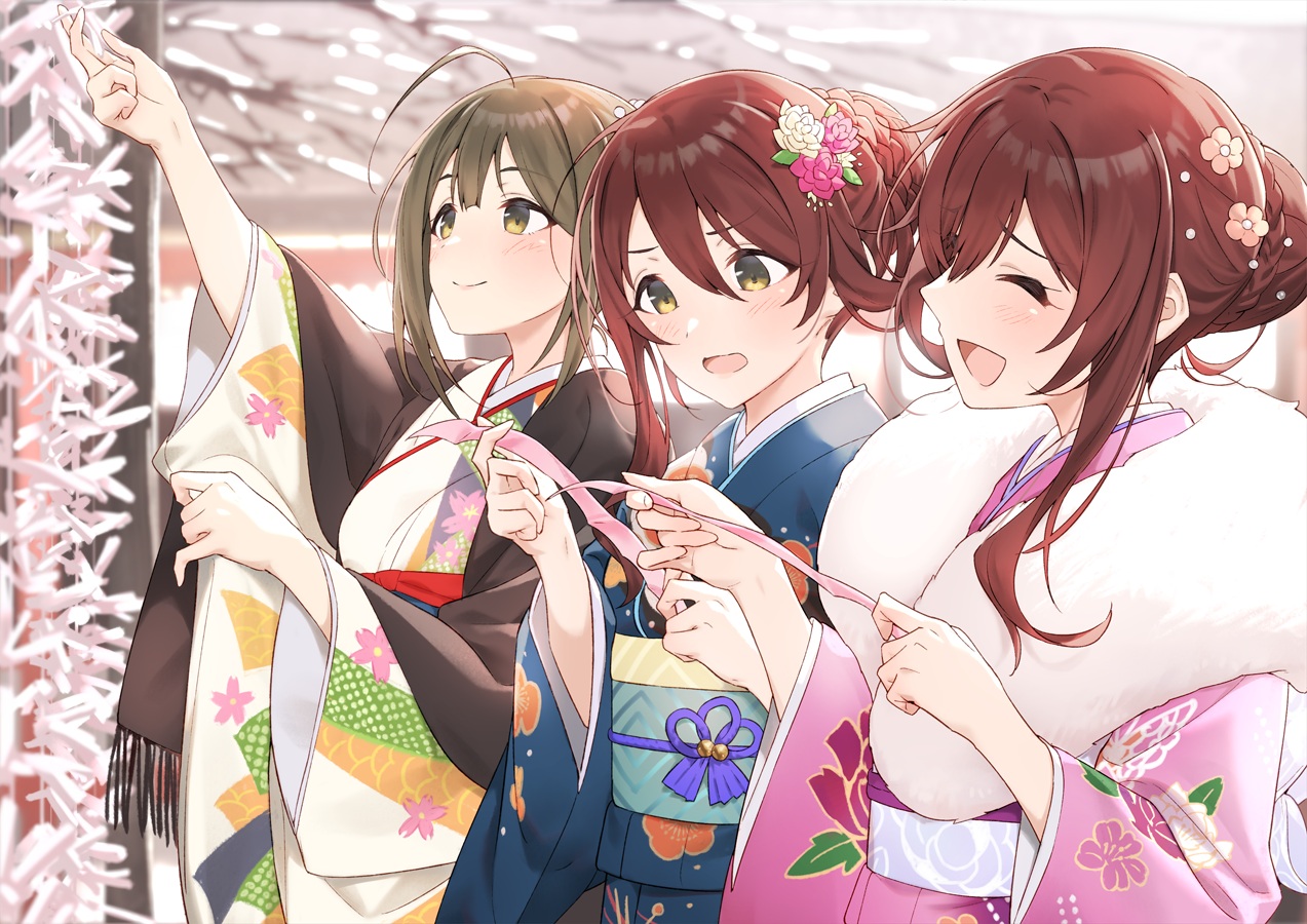 blush, brown_hair, flowers, hayashi_kewi, idolmaster, japanese_clothes, kimono, kuwayama_chiyuki, oosaki_amana, oosaki_tenka, the_idolmaster_dearly_stars